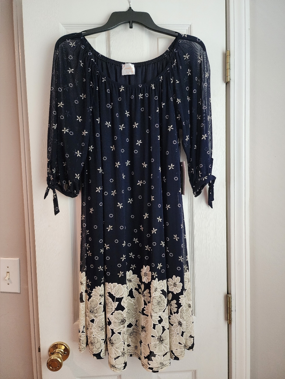 Navy Floral Border Peasant Dress (New)